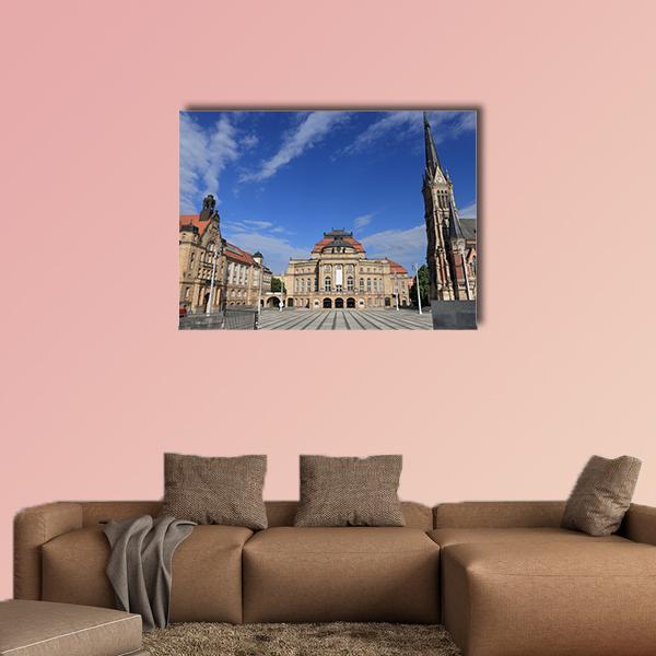 Theatre Square Germany Canvas Wall Art in beige, brown and blue, single panel hung on a wall