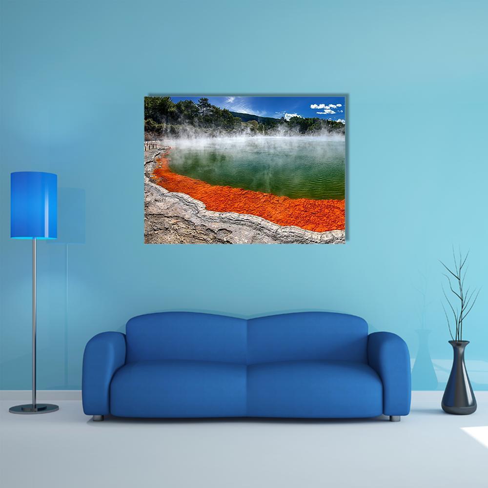 Champagne Pool, New Zealand Canvas Wall Art in orange, green and blue, single panel hung on a wall