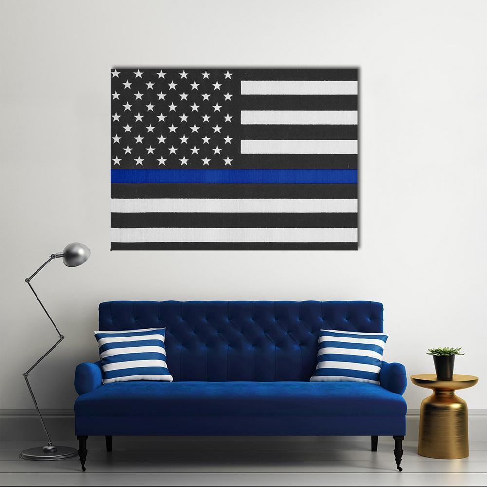 Thin Blue Line American Police Flag Canvas Wall Art in black, white and blue, single panel hung on a wall
