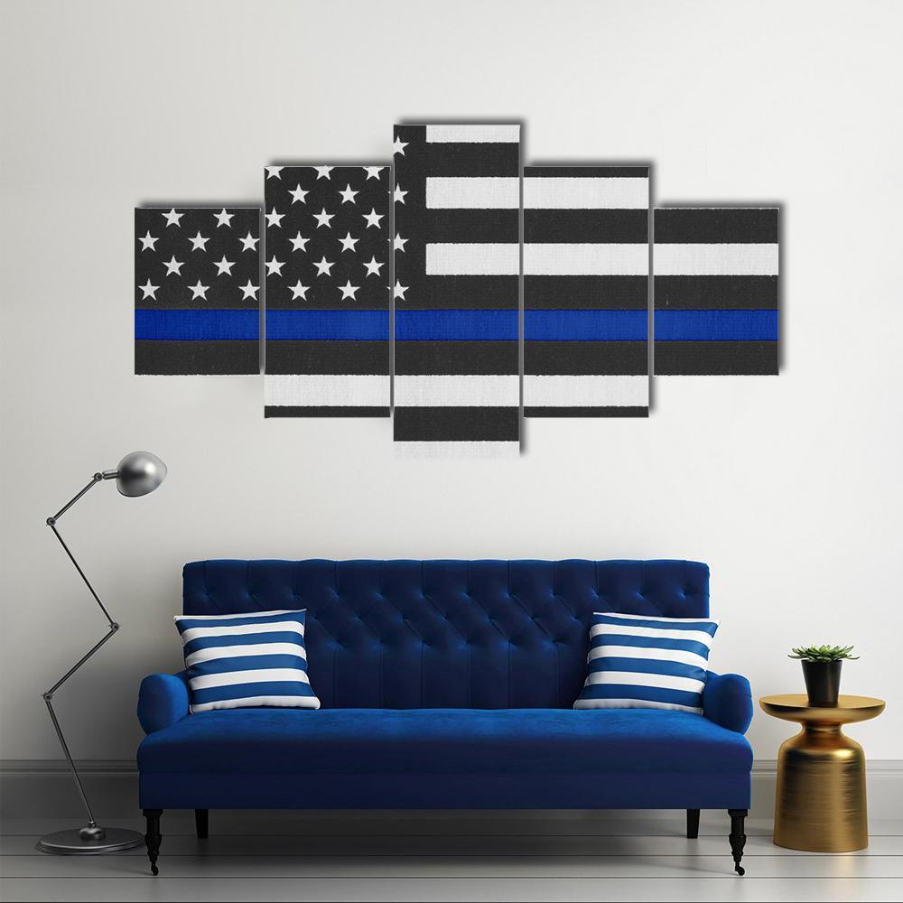 Thin Blue Line American Police Flag Canvas Wall Art-5 Star-Gallery Wrap-62" x 32"-Tiaracle