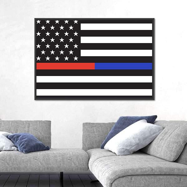 American Firefighters and Paramedics Flag Canvas Wall Art in black, white and red, framed canvas, product view on a white background