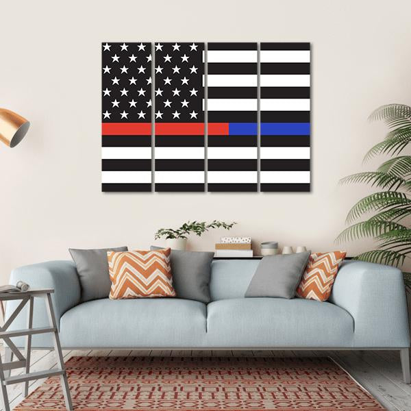 Thin Blue Line &amp; Red Line American Flag Canvas Wall Art-4 Horizontal-Gallery Wrap-34" x 24"-Tiaracle