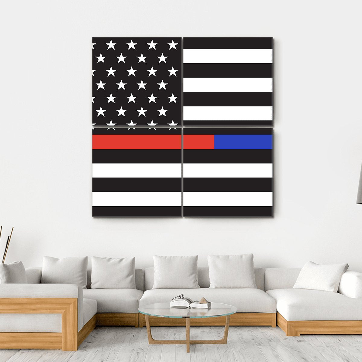 Thin Blue Line &amp; Red Line American Flag Canvas Wall Art-4 Square-Gallery Wrap-17" x 17"-Tiaracle