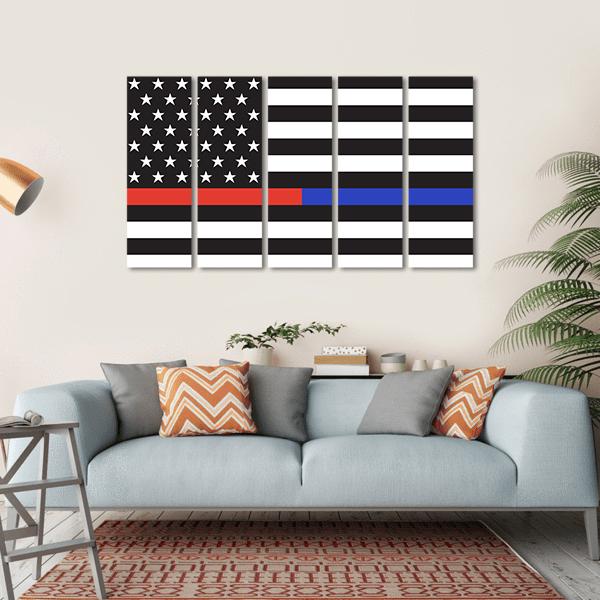 Thin Blue Line &amp; Red Line American Flag Canvas Wall Art-5 Horizontal-Gallery Wrap-22" x 12"-Tiaracle