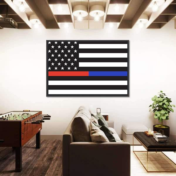 Thin Blue Line &amp; Red Line American Flag Canvas Wall Art-3 Horizontal-Gallery Wrap-25" x 16"-Tiaracle