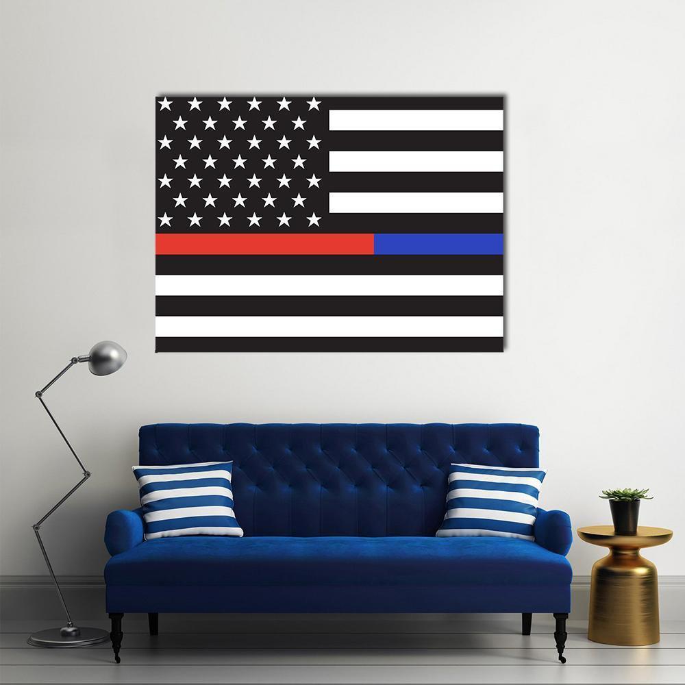 Thin Blue Line &amp; Red Line American Flag Canvas Wall Art-1 Piece-Gallery Wrap-48" x 32"-Tiaracle