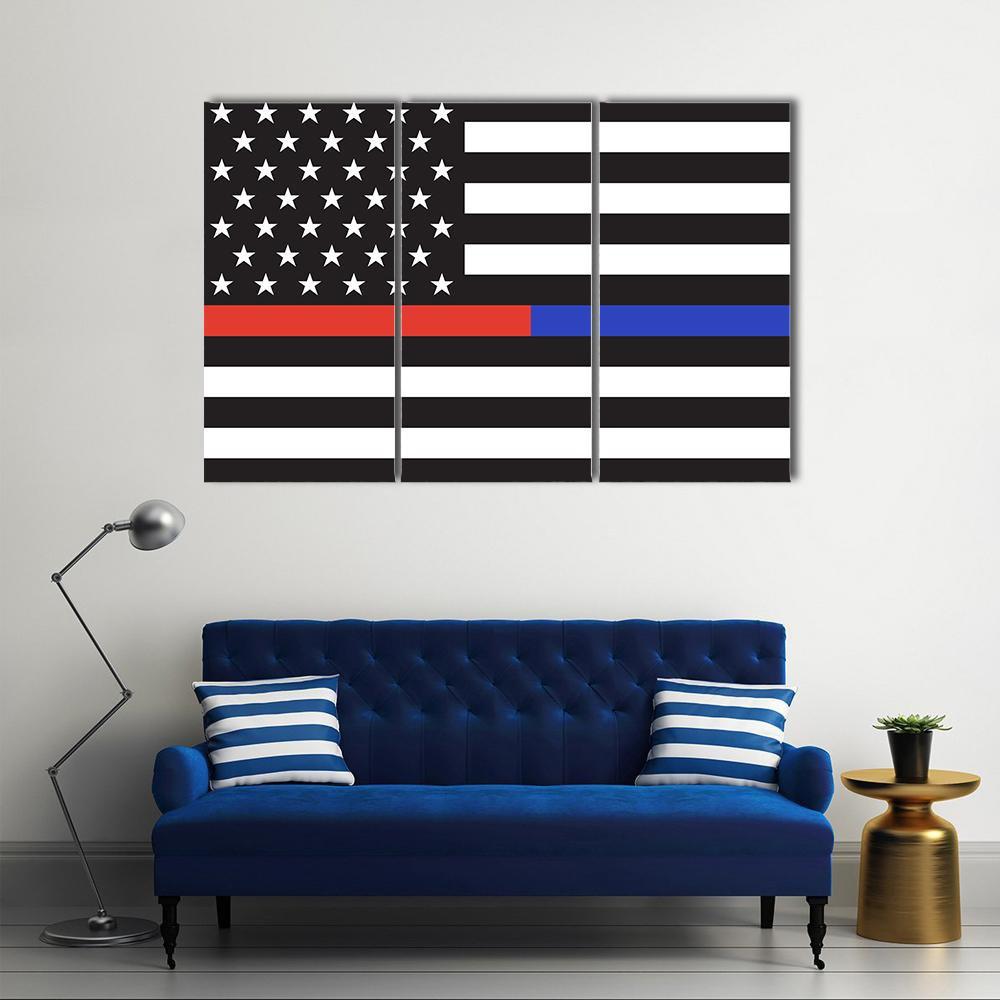 Thin Blue Line &amp; Red Line American Flag Canvas Wall Art-3 Horizontal-Gallery Wrap-37" x 24"-Tiaracle