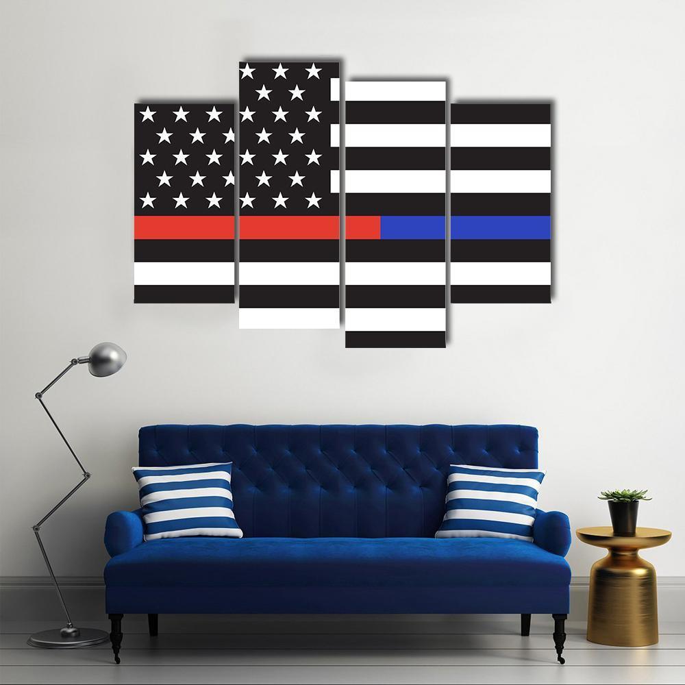 Thin Blue Line &amp; Red Line American Flag Canvas Wall Art-4 Pop-Gallery Wrap-50" x 32"-Tiaracle
