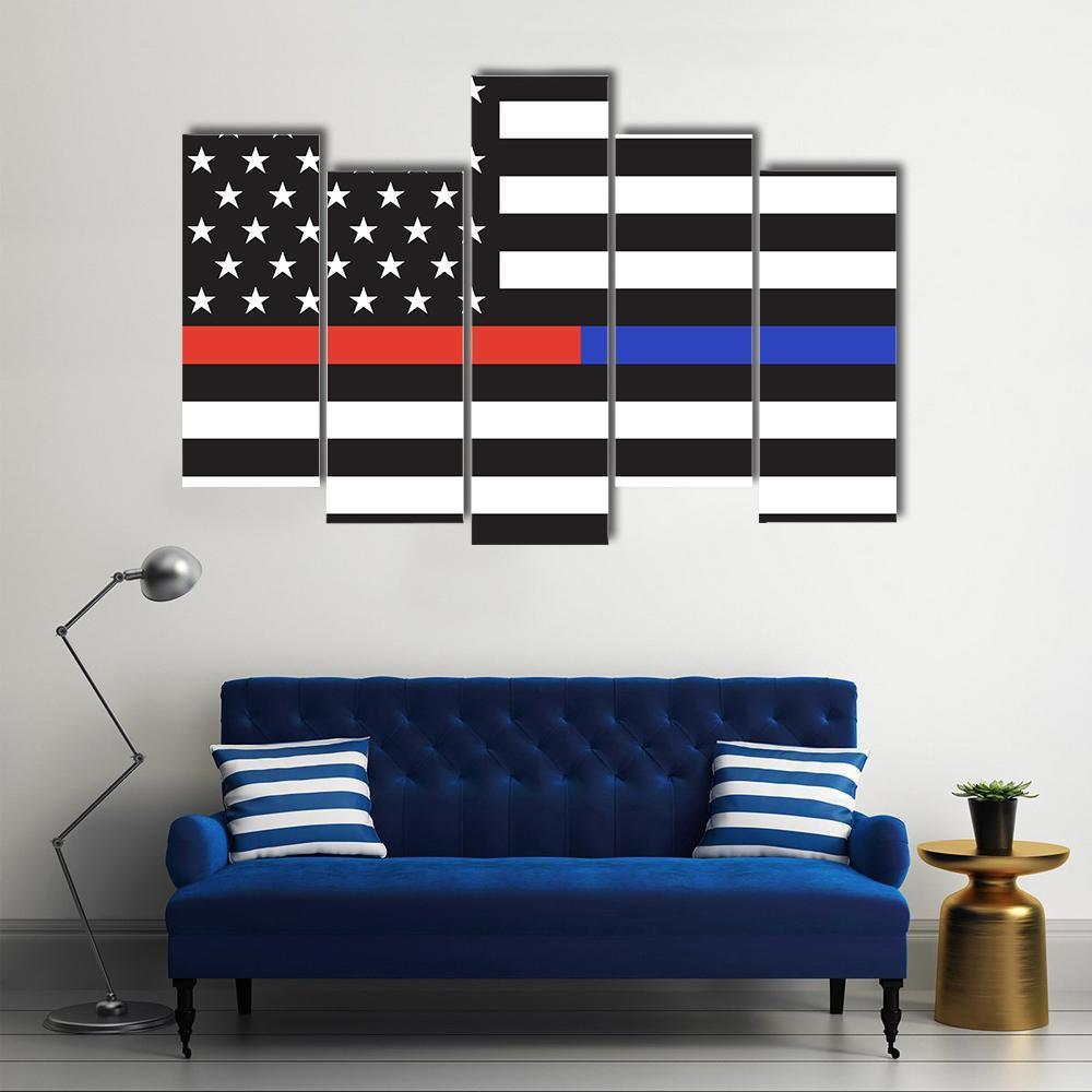 Thin Blue Line &amp; Red Line American Flag Canvas Wall Art-5 Pop-Gallery Wrap-47" x 32"-Tiaracle