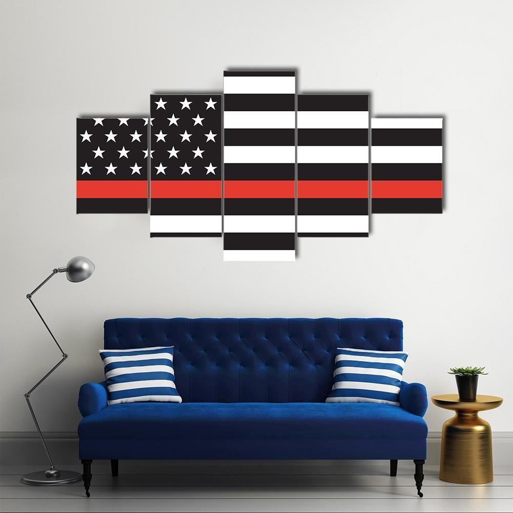 Thin Red Line American Firefighters Flag Canvas Wall Art-5 Star-Gallery Wrap-62" x 32"-Tiaracle