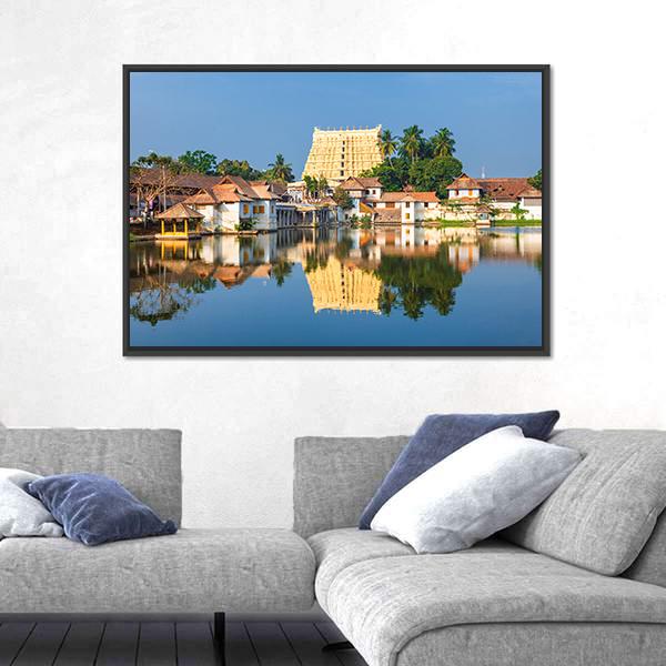 Thiruvananthapuram Temple Reflection Canvas Wall Art in gold, yellow and blue, framed canvas, product view on a white background