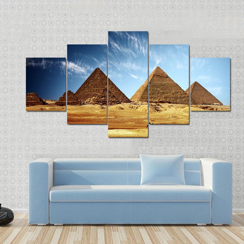 Giza Valley With Great Pyramids Canvas Wall Art-5 Star-Gallery Wrap-62" x 32"-Tiaracle