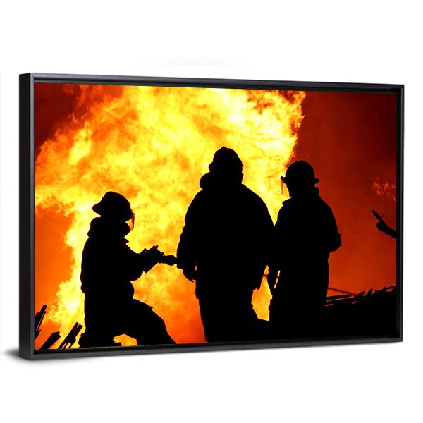 Three Firemen Fighting Canvas Wall Art-3 Horizontal-Gallery Wrap-25" x 16"-Tiaracle