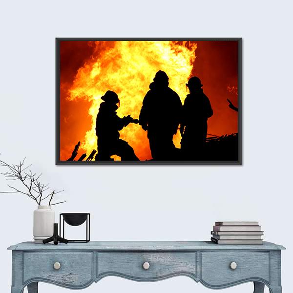 Three Firemen Fighting Canvas Wall Art-3 Horizontal-Gallery Wrap-25" x 16"-Tiaracle