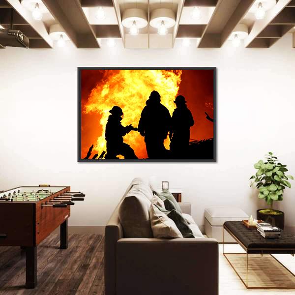 Three Firemen Fighting Canvas Wall Art-3 Horizontal-Gallery Wrap-25" x 16"-Tiaracle