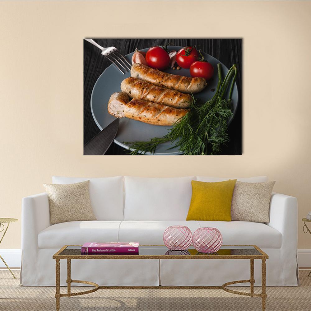 Three Grilled Sausages Canvas Wall Art in black, gray and brown, single panel hung on a wall