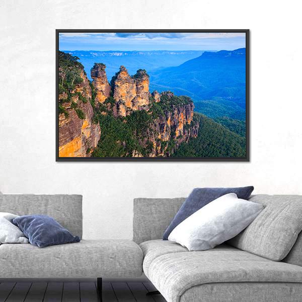 Three Sisters Blue Mountains Canvas Wall Art-1 Piece-Floating Frame-24" x 16"-Tiaracle