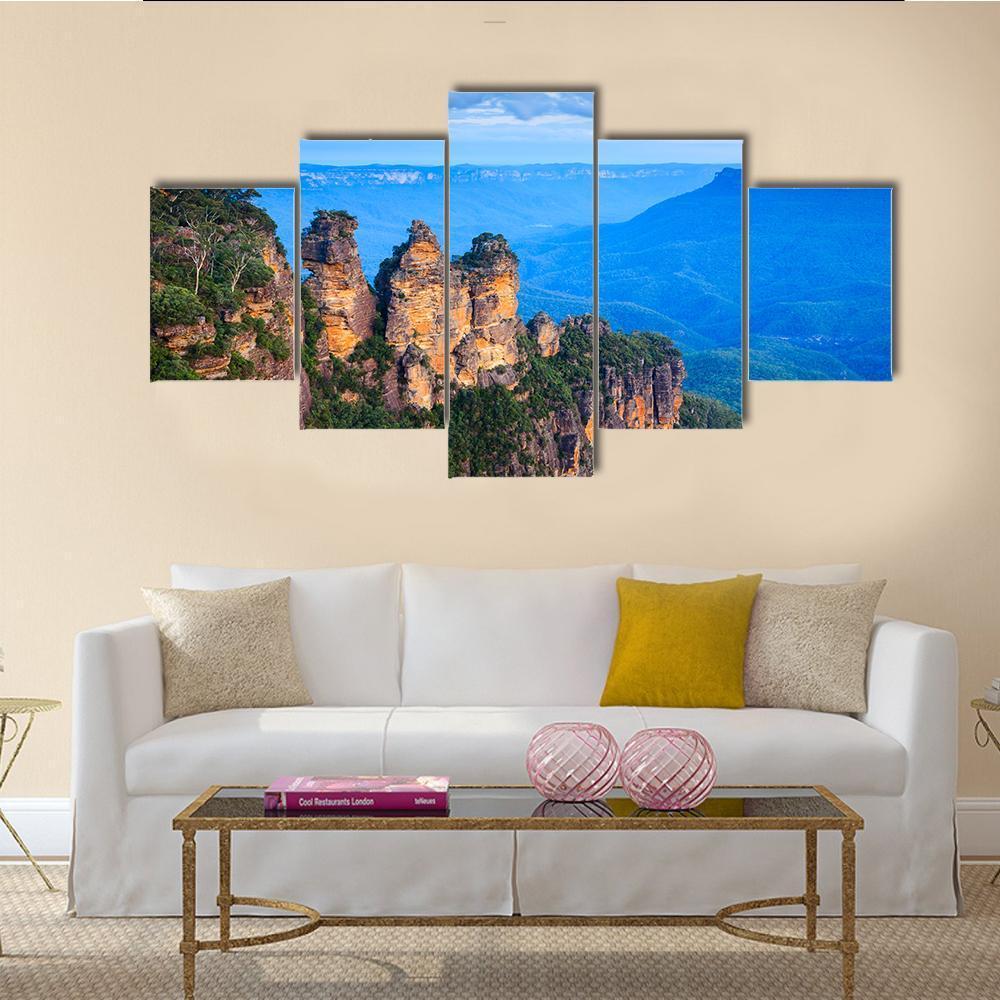 Three Sisters Blue Mountains Canvas Wall Art-5 Star-Gallery Wrap-62" x 32"-Tiaracle