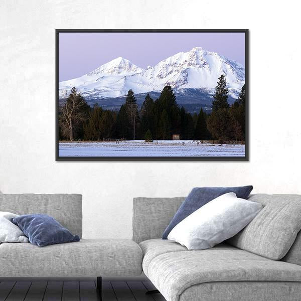 Three Sisters Mountains In Winter Panoramic Canvas Wall Art-1 Piece-36&quot; x 12&quot;-Tiaracle