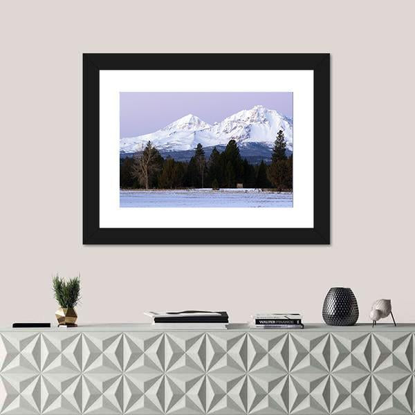 Three Sisters Mountains In Winter Panoramic Canvas Wall Art-1 Piece-36" x 12"-Tiaracle