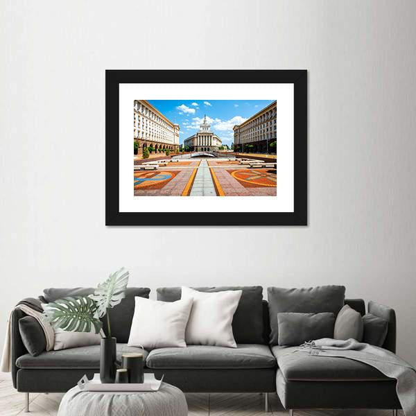 Three Socialist Classicism Edifices Canvas Wall Art-1 Piece-Framed Print-20" x 16"-Tiaracle