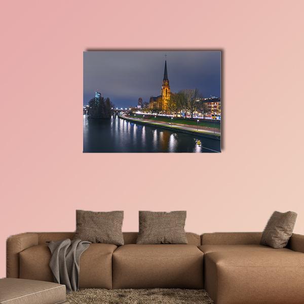 Three Wise Men Church at Night Canvas Wall Art in black, gold and blue, single panel hung on a wall