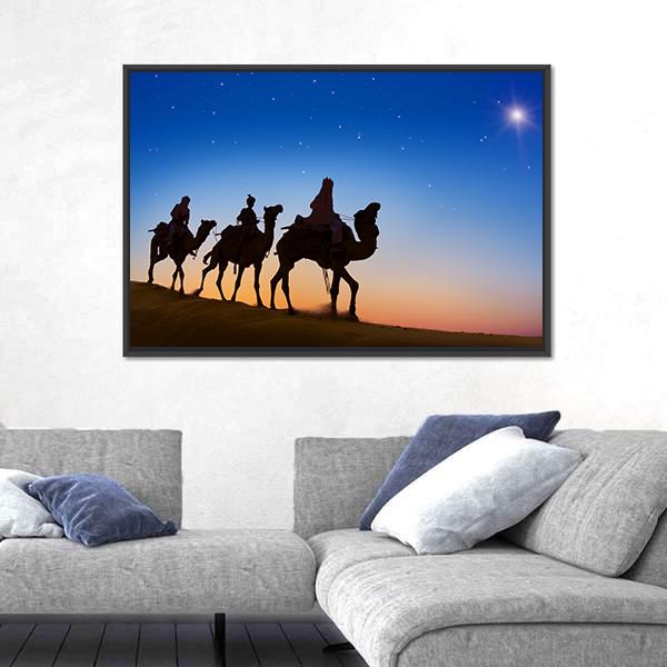 Three Wise Men In Desert Canvas Wall Art-1 Piece-Floating Frame-24" x 16"-Tiaracle