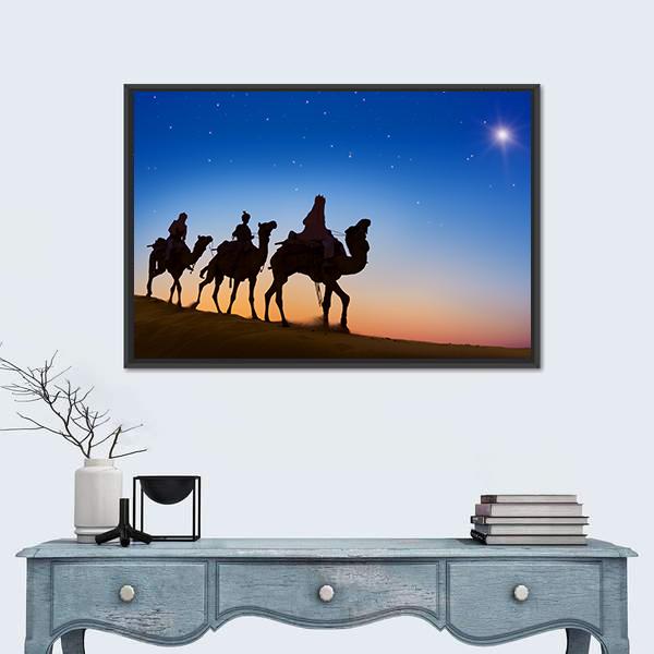 Three Wise Men In Desert Panoramic Canvas Wall Art-1 Piece-36" x 12"-Tiaracle