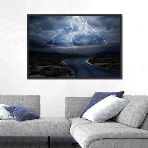 Thunderstorm Over Winding Road Canvas Wall Art in black, gray and blue, framed canvas, product view on a white background