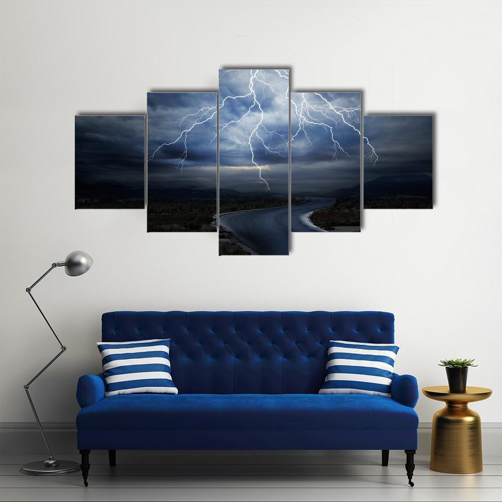Thunderstorm Over Road Canvas Wall Art-5 Star-Gallery Wrap-62" x 32"-Tiaracle