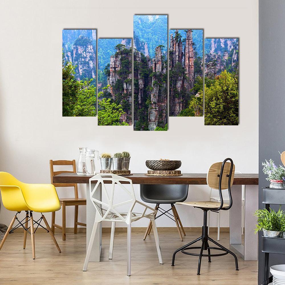 Tianzishan Mountain Peaks At Zhangjiajie National Park In China Canvas Wall Art-5 Pop-Gallery Wrap-47" x 32"-Tiaracle