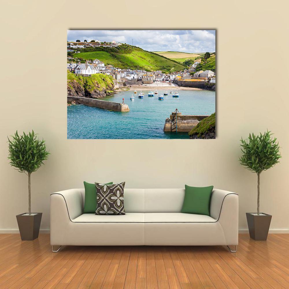Port Isaac Fishing Village Canvas Wall Art in white, green and blue, single panel hung on a wall