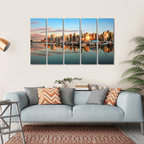 Vancouver Skyline Panorama At Sunset Canvas Wall Art-5 Horizontal-Gallery Wrap-22" x 12"-Tiaracle