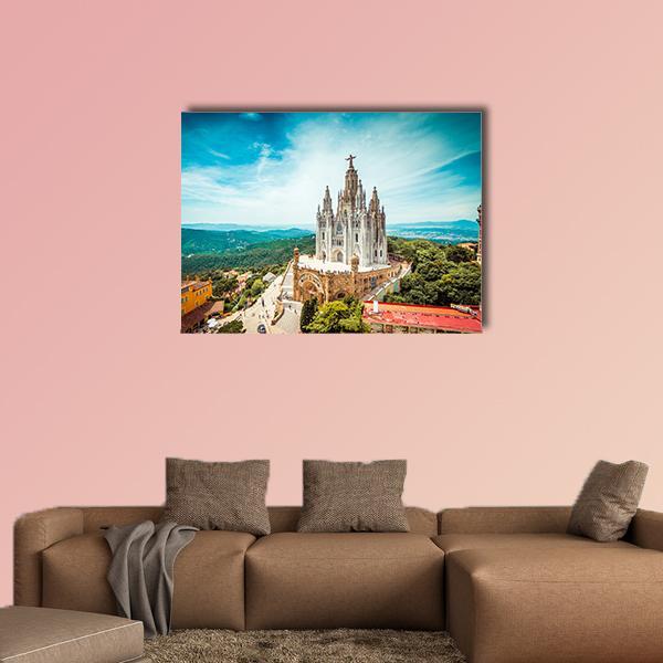 Tibidabo Church in Barcelona Canvas Wall Art in beige, green and blue, single panel hung on a wall