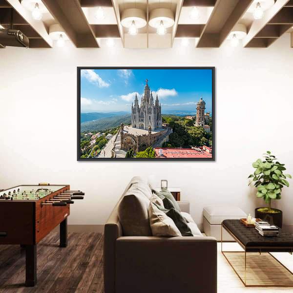 Tibidabo Church On Mountain Canvas Wall Art-5 Horizontal-Gallery Wrap-22" x 12"-Tiaracle