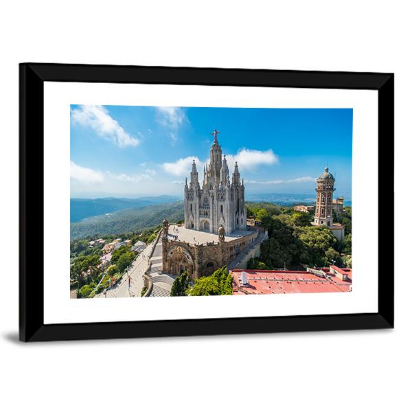 Tibidabo Church On Mountain Canvas Wall Art-5 Horizontal-Gallery Wrap-22" x 12"-Tiaracle
