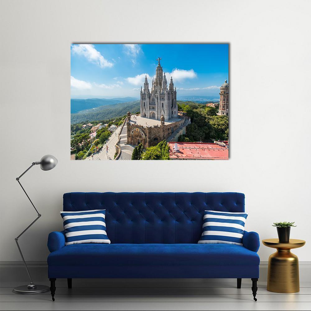 Tibidabo Church On Mountain Canvas Wall Art-1 Piece-Gallery Wrap-48" x 32"-Tiaracle