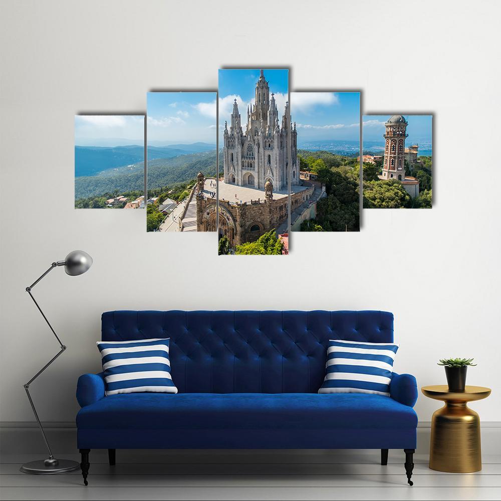 Tibidabo Church On Mountain Canvas Wall Art-5 Star-Gallery Wrap-62" x 32"-Tiaracle