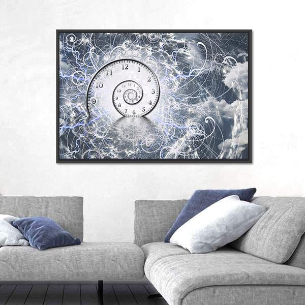 Cosmic Spiral Clock Canvas Wall Art in white, gray and blue, framed canvas, product view on a white background