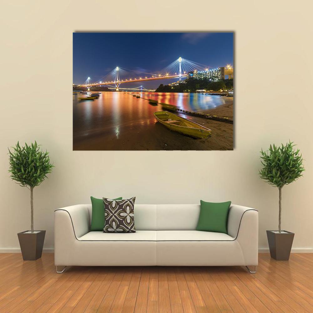 Ting Kau Bridge at Night Canvas Wall Art in black, yellow and blue, single panel hung on a wall