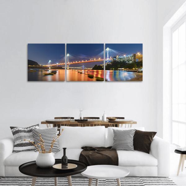 Ting Kau Bridge at Dusk Panoramic Canvas Wall Art in orange, blue and navy, hung on a wall