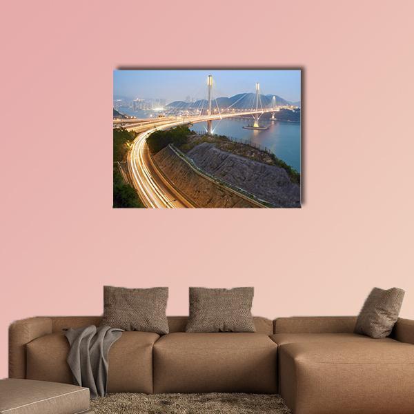 Ting Kau Bridge Night Lights Hong Kong Canvas Wall Art in brown, yellow and blue, single panel hung on a wall