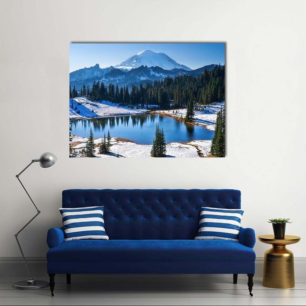 Tipsoo Lake in Winter Canvas Wall Art in white, green and blue, single panel hung on a wall