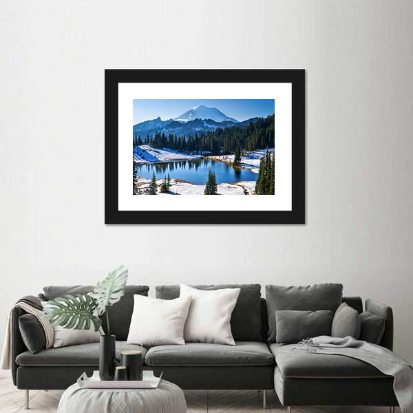 Tipsoo Lake In Winter Canvas Wall Art-1 Piece-Framed Print-20" x 16"-Tiaracle