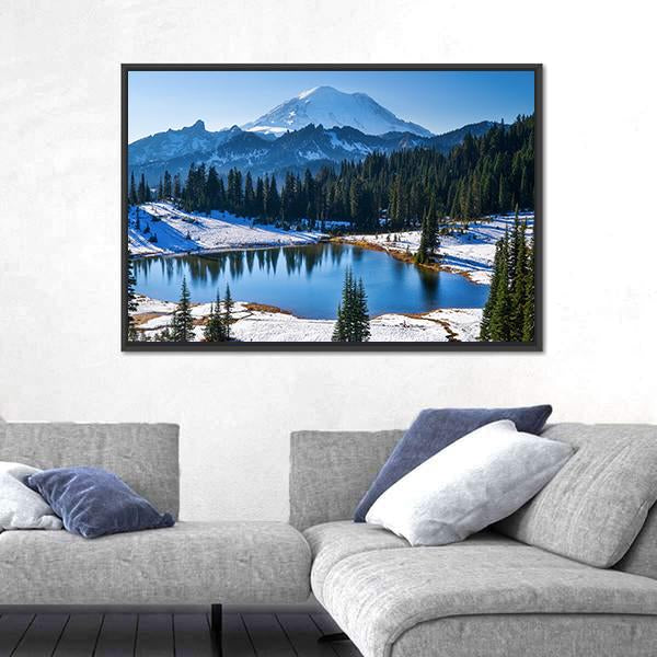 Tipsoo Lake in Winter Canvas Wall Art in white, green and blue, framed canvas, product view on a white background