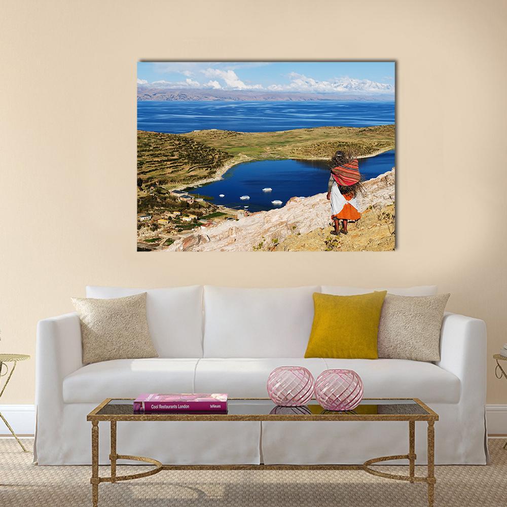 Titicaca Lake with Andean Woman Canvas Wall Art in beige, brown and blue, single panel hung on a wall