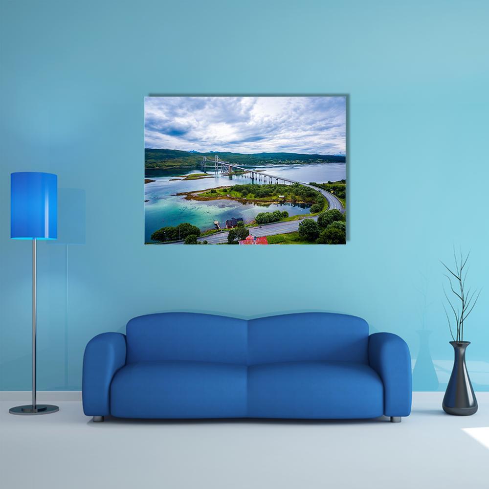 Tjeldsundbrua Suspension Bridge Canvas Wall Art in white, green and blue, single panel hung on a wall