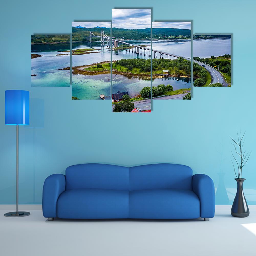 Tjeldsundbrua Suspension Bridge Canvas Wall Art in white, green and blue, 5 panel Star layout hung on a wall