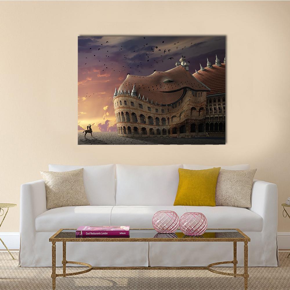 To Wake Up a Dragon Canvas Wall Art in brown, orange and purple, single panel hung on a wall