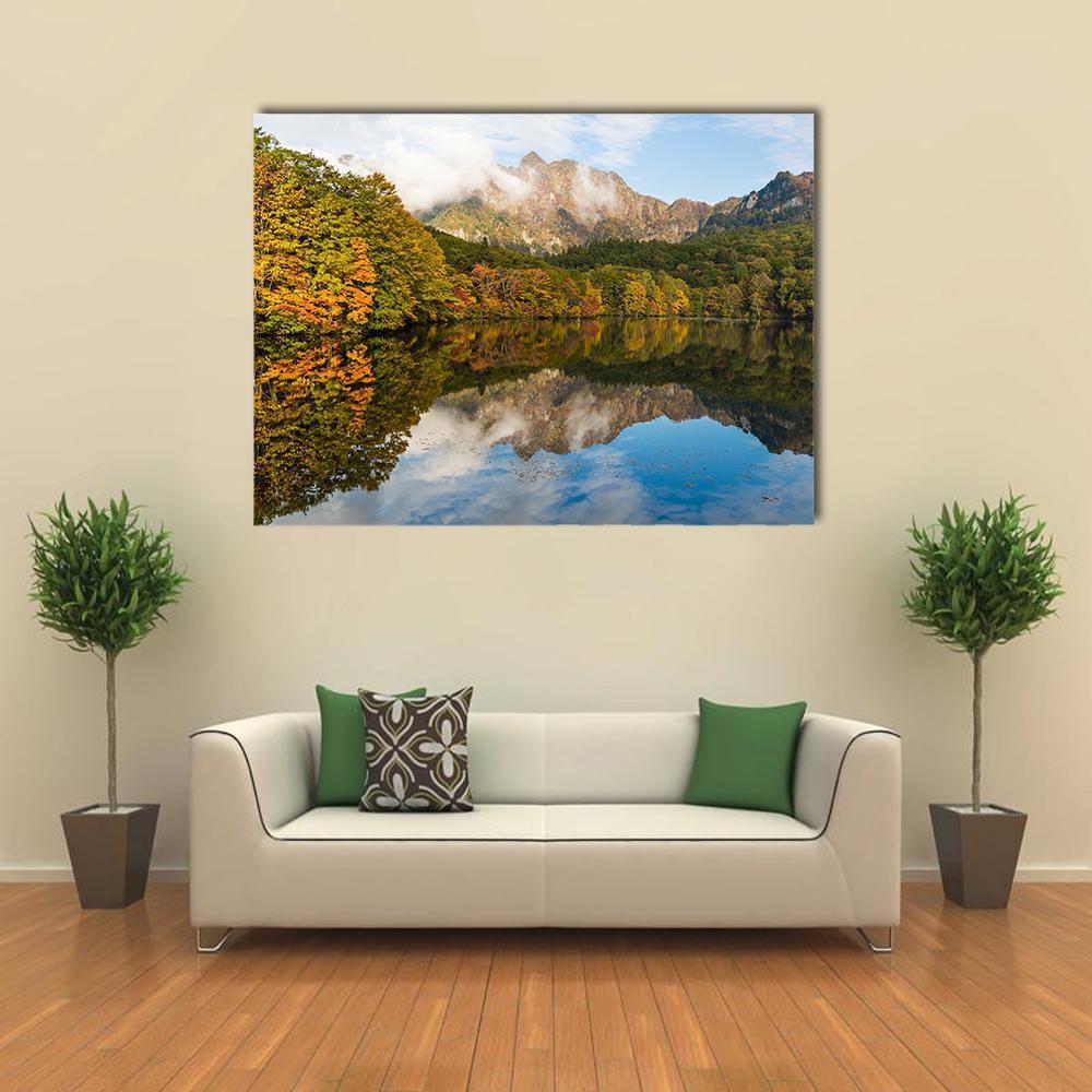Togakushi Lake in Autumn Canvas Wall Art in yellow, green and blue, single panel hung on a wall
